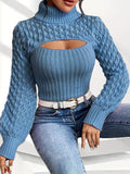 Chic Solid Color Turtleneck Sweater with Lantern Sleeves - Casual Cut-Out Design, Soft Acrylic Knit Pullover for Women