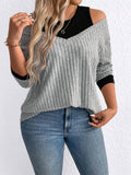 Purpdrank Plus Size Knit Sweater - Cozy Off-the-Shoulder Design, Long Sleeve, V-Neck, Striped Pattern, Soft and Breathable Fabric, Perfect for Spring or Fall Casual Wear, Everyday Comfort, and Chic Style