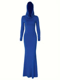 Hooded Bodycon Maxi Dress, Party Wear Solid Long Sleeve Dress, Women's Clothing