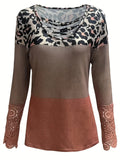 Stylish Leopard Print Cross Front Long Sleeve T-Shirt - Women's Casual Lace Stitching Tops for Spring & Fall - Comfortable Fashion Clothing with Relaxed Fit