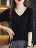 Solid Color V-neck Sweater, Versatile Half Sleeve Knitted Top For Spring & Fall, Women's Clothing