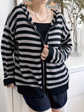 Cozy Grunge Striped Drop Shoulder Hooded Cardigan - Soft Y2K Inspired Long Sleeve Zip Up Design for Spring & Fall Seasons - Women's Casual Comfortable Clothing for Everyday Wear