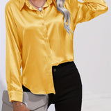 Purpdrank Elegant All-Season Shirt for Women - Long Sleeve, Solid Color, Easy-Care Polyester Blouse with Classic Turn-Down Collar