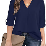 Purpdrank Chic Solid V-Neck Blouse - Fashionable simplicity for Women - Relaxed Casual Long Sleeve Style