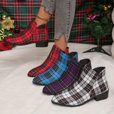 Purpdrank Women's Plaid Ankle Boots, Christmas Style Chunky Low Heeled Boots, Side Zipper Short Boots