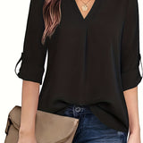 Purpdrank Chic Solid V-Neck Blouse - Fashionable simplicity for Women - Relaxed Casual Long Sleeve Style