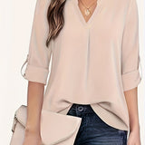 Purpdrank Chic Solid V-Neck Blouse - Fashionable simplicity for Women - Relaxed Casual Long Sleeve Style