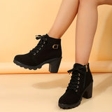 Women's Solid Color Platform Boots, Lace Up Side Zipper Slip On Round Toe Chunky Heel Shoes, Casual Comfy Shoes