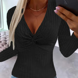 Purpdrank Stylish Ribbed Twist Front V Neck Long Sleeve T-Shirt - Women's Casual Fashion Tops for Spring & Fall - Soft, Breathable, Relaxed Fit Clothing