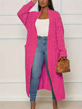 Purpdrank Plus Size Casual Cardigan, Women's Plus Cable Knitted Long Sleeve Open Front Medium Stretch Sweater Cardigan With Pockets