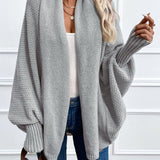 Purpdrank Plus Size Casual Cardigan, Women's Plus Cable Knitted Long Sleeve Open Front Medium Stretch Sweater Cardigan With Pockets