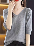 Solid Color V-neck Sweater, Versatile Half Sleeve Knitted Top For Spring & Fall, Women's Clothing