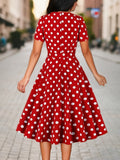 Polka Dot Print Square Neck Dress, Elegant Short Sleeve Belted Dress For Spring & Summer, Women's Clothing