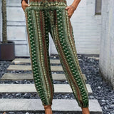 Purpdrank [Tribal Print Jogger Pants] Tribal Print Jogger Button Decor Pants, Boho High Waist Loose Pants For Spring & Summer, Women's Clothing