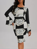 Elegant Women's Geo Print Color Block Bodycon Dress with Crew Neck and Flared Long Sleeves