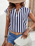 Striped Print Blouse, Casual V Neck Cap Sleeve Work Office Blouse, Women's Clothing