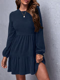 Plain Color Crew Neck Dress, Elegant Long Sleeve Ruffle Hem A-line Dress For Spring & Fall, Women's Clothing