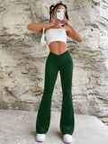 Elegant High-Waisted Flare Leg Pants - Stretchy Elastic Fabric, Comfortable Loose Fit, Solid Color, Perfect for Spring, Summer, and Fall - Womens Casual Sports Pants