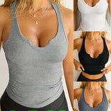 Purpdrank [4pcs Slimming Tank Tops for Women] 4pcs Sleek Ribbed Tank Tops for Women - Breathable, Slimming, No-Pad Sports & Yoga Vests with Unique Notch Neckline - Versatile Solid Color Activewear