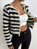 Chic Black & White Striped Knit Cardigan - Casual Long Sleeve Button-Up Sweater for Women, Perfect for Fall/Winter