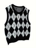 Argyle Print Crew Neck Sweater Vest, Casual Sleeveless Knit Vest For Spring & Fall, Women's Clothing