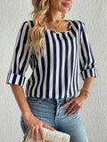 Half Sleeve Stripe Print Crew Neck Blouse for Spring & Fall, Casual Women's Clothing