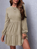 Plain Color Crew Neck Dress, Elegant Long Sleeve Ruffle Hem A-line Dress For Spring & Fall, Women's Clothing