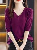 Solid Color V-neck Sweater, Versatile Half Sleeve Knitted Top For Spring & Fall, Women's Clothing