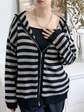 Cozy Grunge Striped Drop Shoulder Hooded Cardigan - Soft Y2K Inspired Long Sleeve Zip Up Design for Spring & Fall Seasons - Women's Casual Comfortable Clothing for Everyday Wear