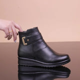 Women's Solid Color Boots, Buckle Decor Side Zipper Round Toe Velvet Warm Fluffy Non-slip Soft Boots, Winter Comfy Shoes