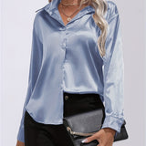 Purpdrank Elegant All-Season Shirt for Women - Long Sleeve, Solid Color, Easy-Care Polyester Blouse with Classic Turn-Down Collar