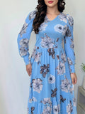 Chic Floral Print V-Neck Dress For Women - Casual Long Sleeve With Ruffle Hem, Perfect For Spring & Fall