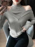 Reversible Chic Off-Shoulder Knit Sweater - Soft Stretchy Polyester Blend, Casual Long Sleeve Pullover for Women, Perfect for Spring/Fall, Versatile and Cozy Wear for Daily Life, Outdoor Activities, and Layering