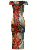 Abstract Print Sheath Dress, Off-shoulder Straight Neck Slim Dress For Spring & Summer, Women's Clothing