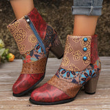 Purpdrank Women's Floral Pattern Boots, Side Zipper Casual Chunky Heel Ankle Boots, Versatile Round Toe Boots