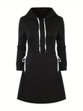 Cozy Solid Side Drawstring Hooded Maxi Dress - Women's Casual Long Sleeve Cinched Waist Dresses for Everyday Wear - Comfortable and Versatile