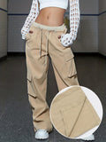 Womens Trendy Split Wide Leg Cargo Pants - Flap Pockets, Drawstring Waist, Casual Style for Spring & Summer