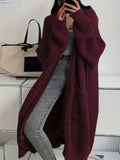 Purpdrank Solid Color Open Front Knitted Cardigan, Casual Long Sleeve Long Length Cardigan For Spring & Fall, Women's Clothing