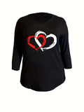 Purpdrank [Plus Size Heart Print T-Shirt] Chic Plus Size Heart Print T-Shirt - Casual V-Neck with 3/4 Sleeves, Stretchy & Machine Washable, Perfect for All Seasons