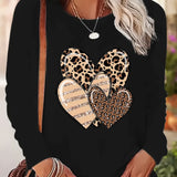 Purpdrank Women's Casual Leopard Heart Print Long Sleeve T-Shirt - Crew Neck, Polyester Blend, Machine Washable, Stylish Top for Spring & Fall, Leopard Print Blouse