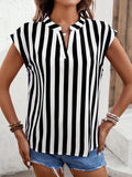 Striped Print Blouse, Casual V Neck Cap Sleeve Work Office Blouse, Women's Clothing