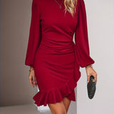 Purpdrank Elegant Long Sleeve Solid Dress - Chic Crew Neck, Cascading Ruffle Hem Detail, Perfect for Evening Occasions & Social Events - Women's Fashion Essential