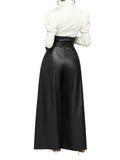 1pc Women'S High-Waisted Faux Leather Wide Leg Pants, Casual Loose Fit Cropped Trousers with Zipper Detail, Solid Color Straight Leg for Weekend Casual - All Seasons