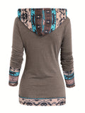 Stylish Aztec Print Cowl Neck Hoodie - Fashion Hoodies with Long Sleeve, Button Decor, and Hooded Design - Women's Clothing for Casual Wear