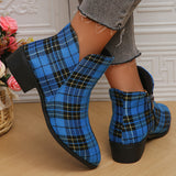 Purpdrank Women's Plaid Ankle Boots, Christmas Style Chunky Low Heeled Boots, Side Zipper Short Boots