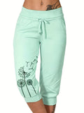 Comfy Dandelion-Print Drawstring Capri Pants - Breathable Cropped Trousers for Everyday Wear