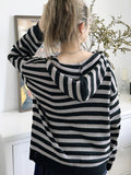 Cozy Grunge Striped Drop Shoulder Hooded Cardigan - Soft Y2K Inspired Long Sleeve Zip Up Design for Spring & Fall Seasons - Women's Casual Comfortable Clothing for Everyday Wear