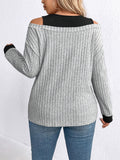 Purpdrank Plus Size Knit Sweater - Cozy Off-the-Shoulder Design, Long Sleeve, V-Neck, Striped Pattern, Soft and Breathable Fabric, Perfect for Spring or Fall Casual Wear, Everyday Comfort, and Chic Style