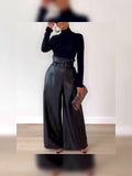 Elegant Wide-Leg PU Leather Pants with Metal Belt - Non-Sheer, Solid Color, All-Season Fashion for Women