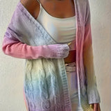 Purpdrank Plus Size Ombre Cable Knit Open Front Cardigan, Long Sleeve Drop Shoulder Vacation Style Knitted, Women's Clothing